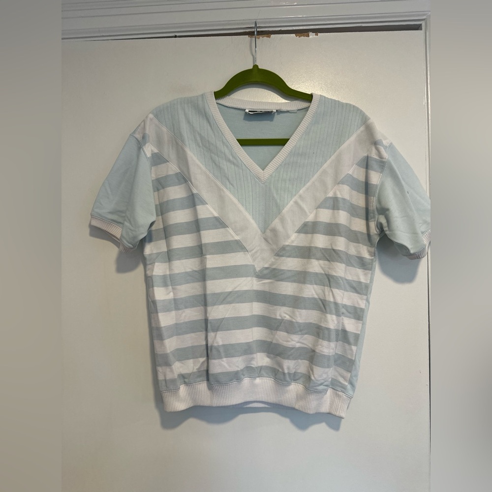 Vintage 1980s P.S. Sport striped vneck powder blue/white Casual Preppy Shirt.